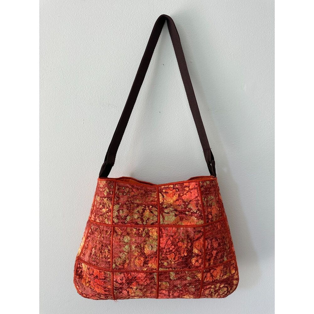 Vintage Patchwork Shoulder Bag Boho Whimsigoth Earthy Orange Red Batik Tote